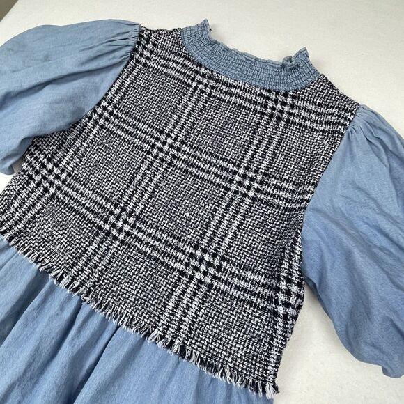 ZARA Chambray Mini Dress Tweed A-Line Smocked Neck Puff Sleeve School Girl-S - Picture 3 of 11